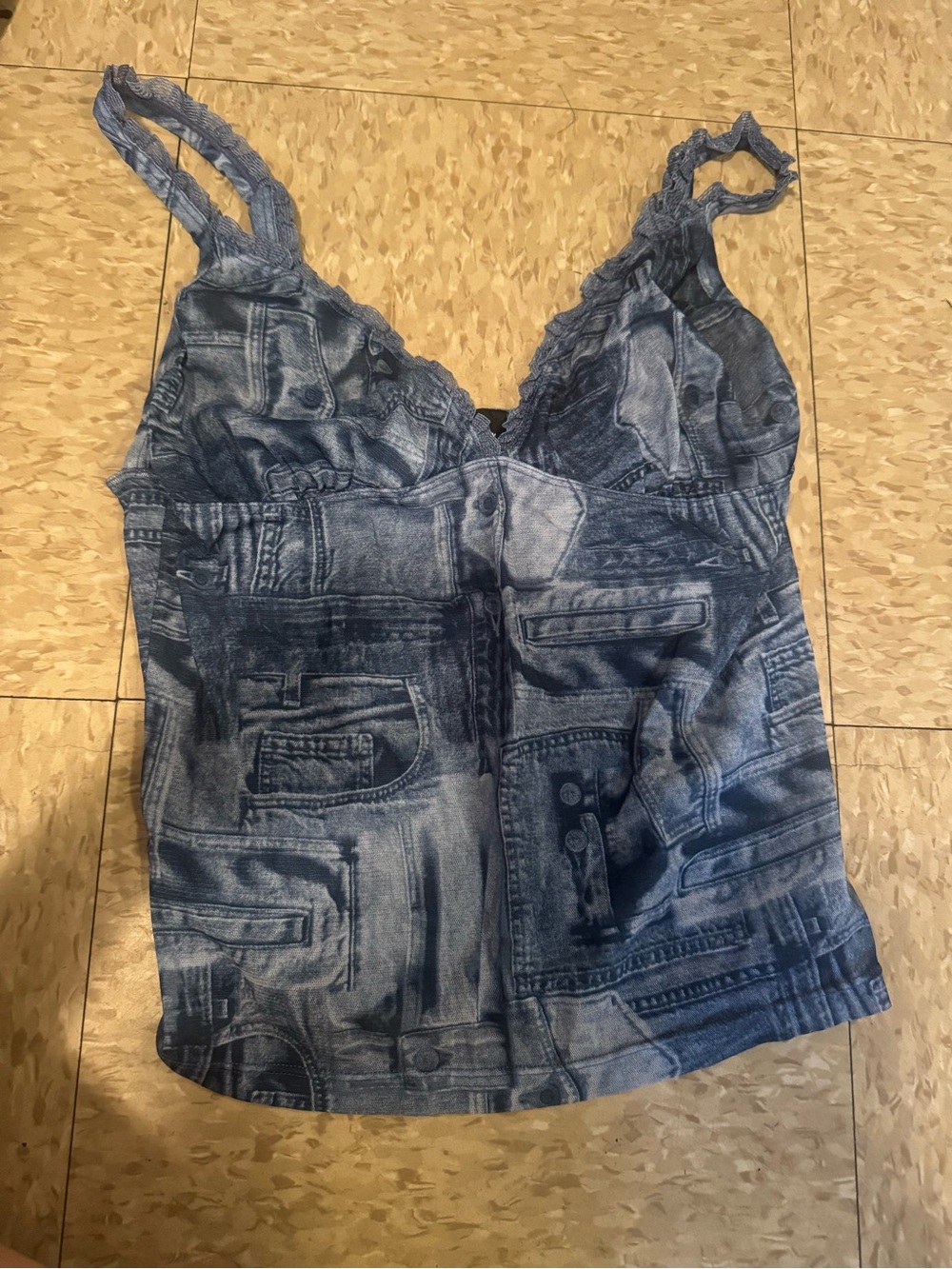 Y2K No Boundaries Blue Printed Lace-Trim Tank Top Size Small